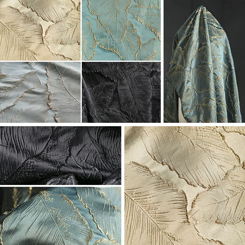 

100x145cm Leaf Pattern Gold Silk Jacquard Relief Curtain Material French Quality Retro 3D Texture Luxury Brocade Jacquard Fabric