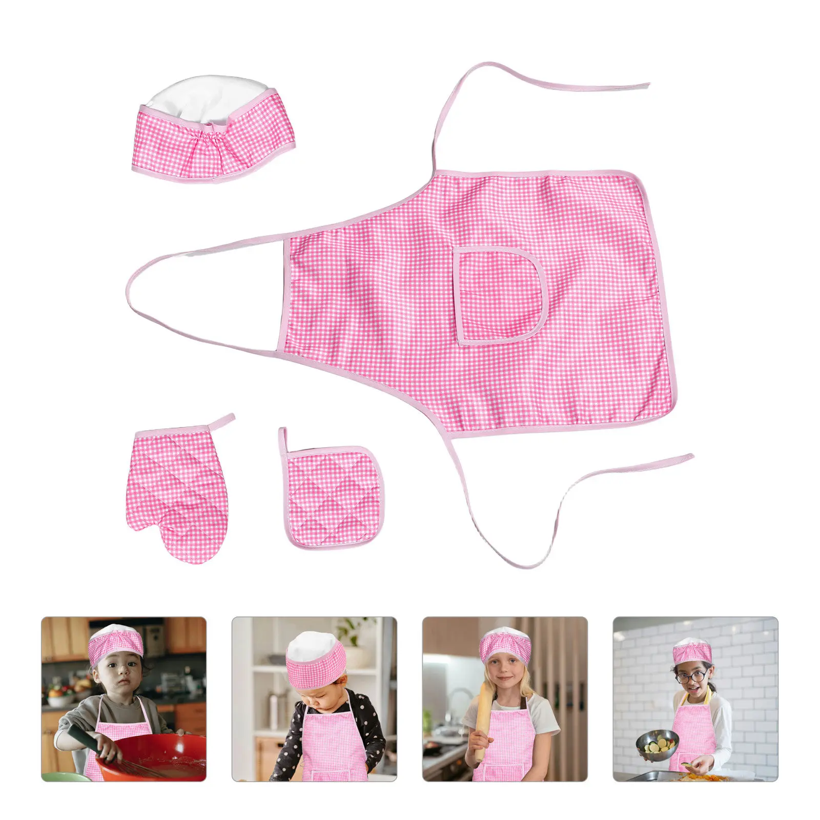 1Set Children Kitchen Apron Set Fashion Checkered Design Adjustable Fit Chef Hat Glove Mat for Toddlers Girls Boys Cooking