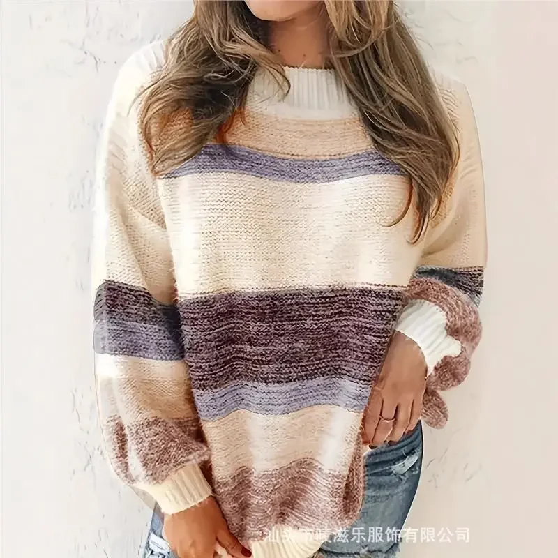 Autumn and Winter Crossborder Foreign Trade Women's Clothing Explosions Striped Contrast Color Women's Temperament Sweater