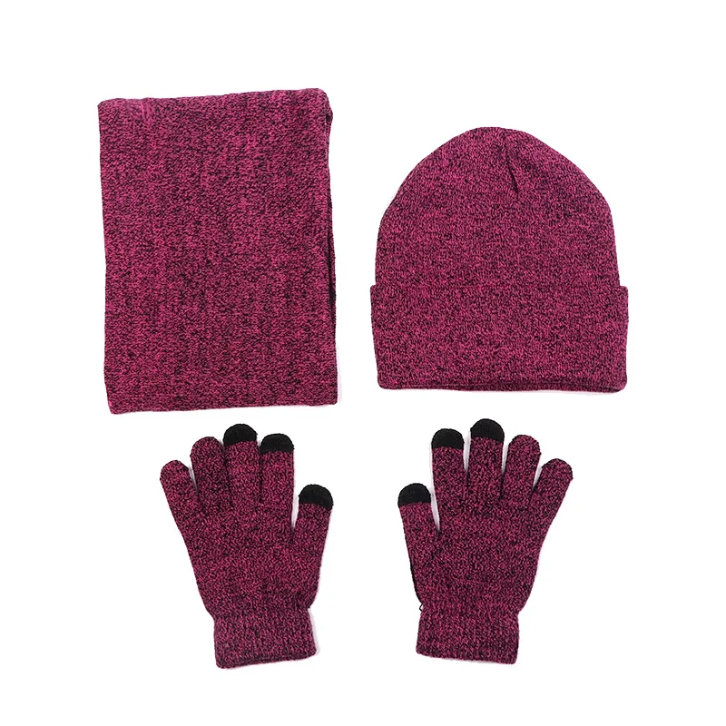 Fleece Warm Winter Gebreide Mannen Vrouwen Hoed Handschoenen Set Ring Sjaal Grijs Wijn Rood