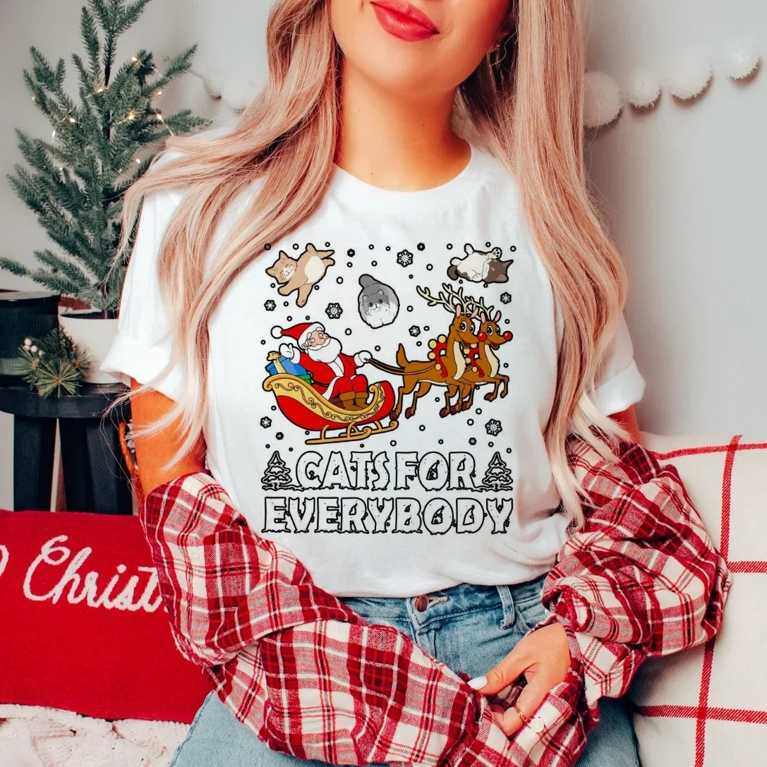 T-Shirt Funny Cats For Everyone Christmas Reindeer New Year Pattern Short Sleeved Women's Top Round Neck Printed Holiday T-Shirt