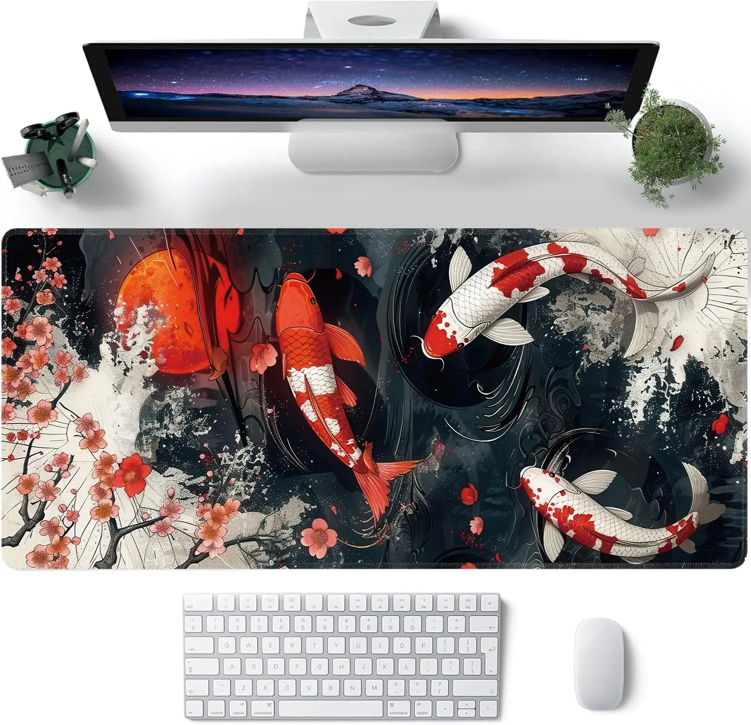 Vintage Koi Fish Mouse Pad, Sakura Red Moon Oriental Ink Splash Pattern Non Slip Desk Mat for Gamers Office Home Keyboard Decor