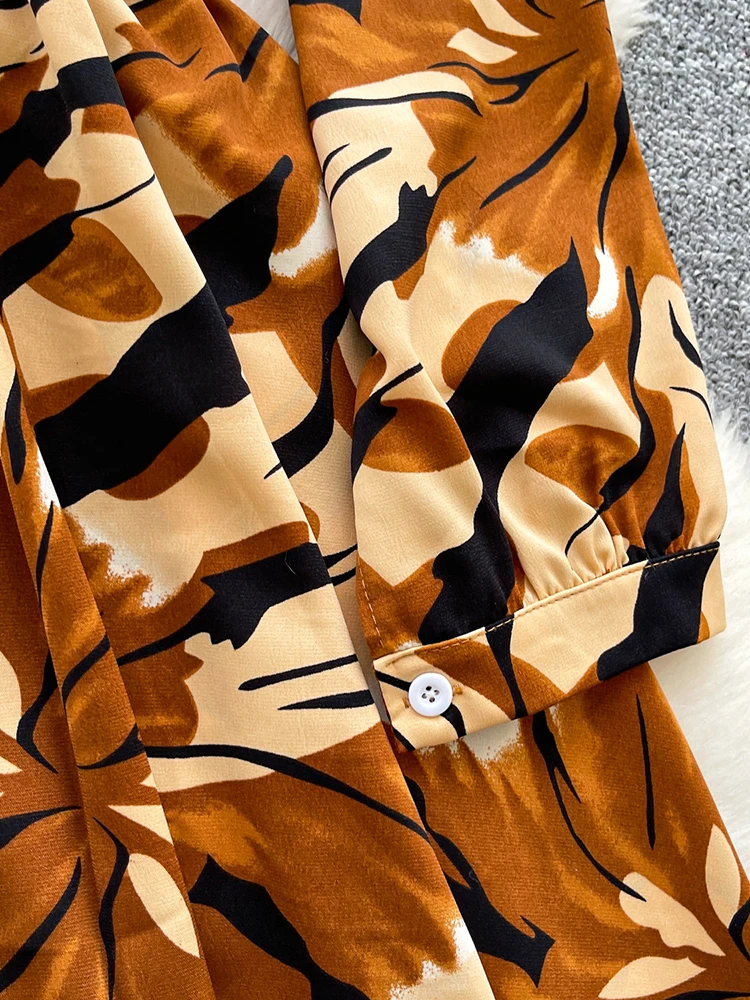 Femmes automne français chemise robe rétro imprimé tempérament Floral à la mode taille élastique cintré Mini robes femme DS284