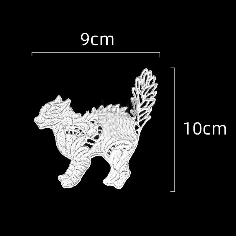 1 Pair White Cat Embroidered LacePatches for Clothing Sew on Appliques Craft Decoration DIY Repair  10*9CM