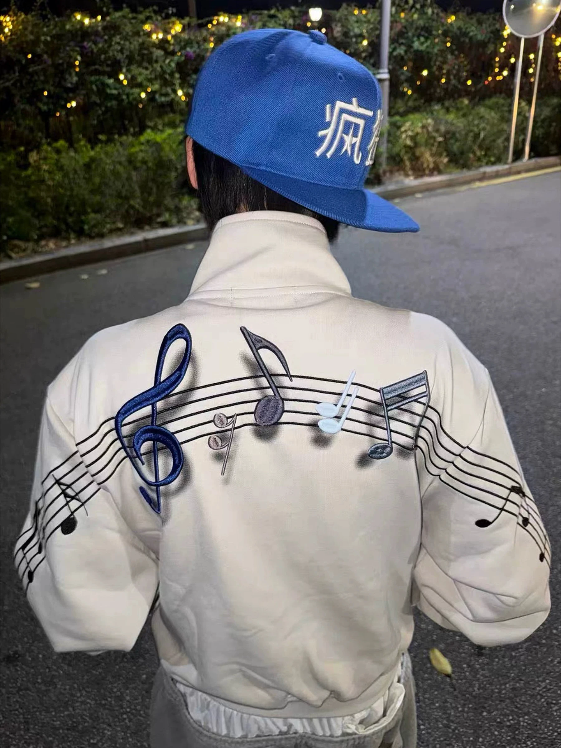 Music Note Embroidery Stand Collar Jacket Men Women Vintage Sheet Music Print Jacket Streetwear Hip Hop Casual Loose Outerwear