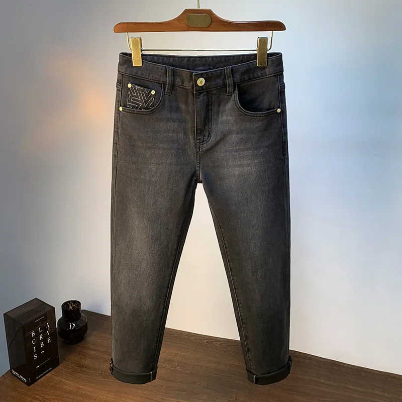 2025 Spring/Summer Men's Jeans Personalized Pocket Printed Micro Collapse Haren Pants High end Light Luxury Men's Pants