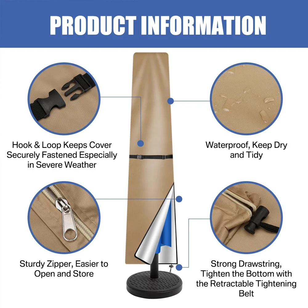 Outdoor Patio Offset Banana Umbrella Cover, Waterproof Cylindrical Protective Sleeve for Cantilever Parasol