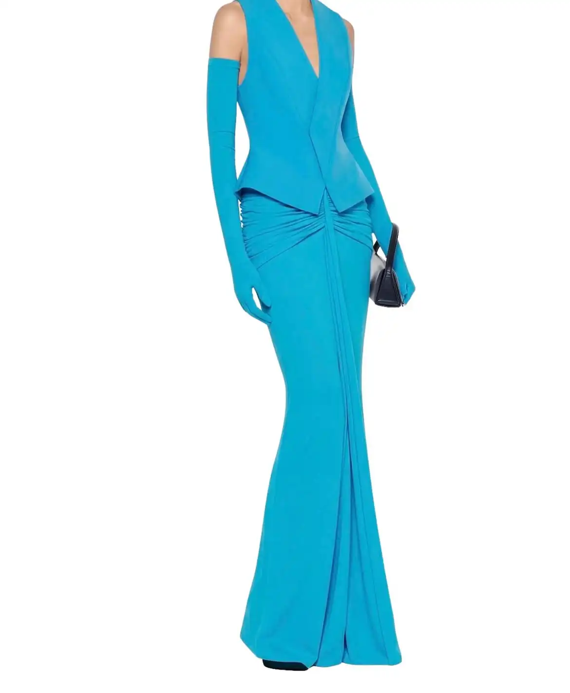 Cyan Blue 2 Piece Formal Evening Gown Sleeveless Peplum Blouse Mermaid Maxi Skirt Matching Long Gloves | V Neck Ruched Bodycon P