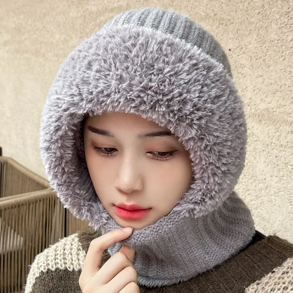 Simple Multi functional Balaclavas Hat Solid Color Plush Knitted Beanies Hat Thickened Keep Warm Mask Neck Cover Set Winter