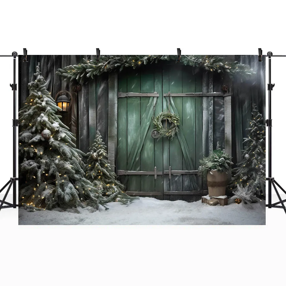 Mocsicka verde porta in legno inverno neve sfondo per la fotografia albero di pino ghirlanda di natale campo di neve bambini foto sfondo Studio