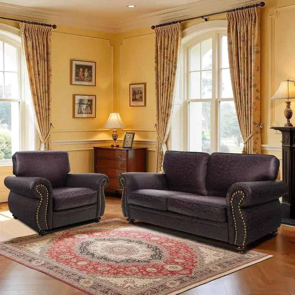 Vintage Brown Sofa Set with Rivet Detail: Single and Loveseat