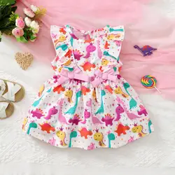 Fashion Cartoon Little Dinosaur Sleeveless Dress Suitable Baby Girl Summer Seaside Sand Cool Skirt for Toddler Girl 0-3 Years