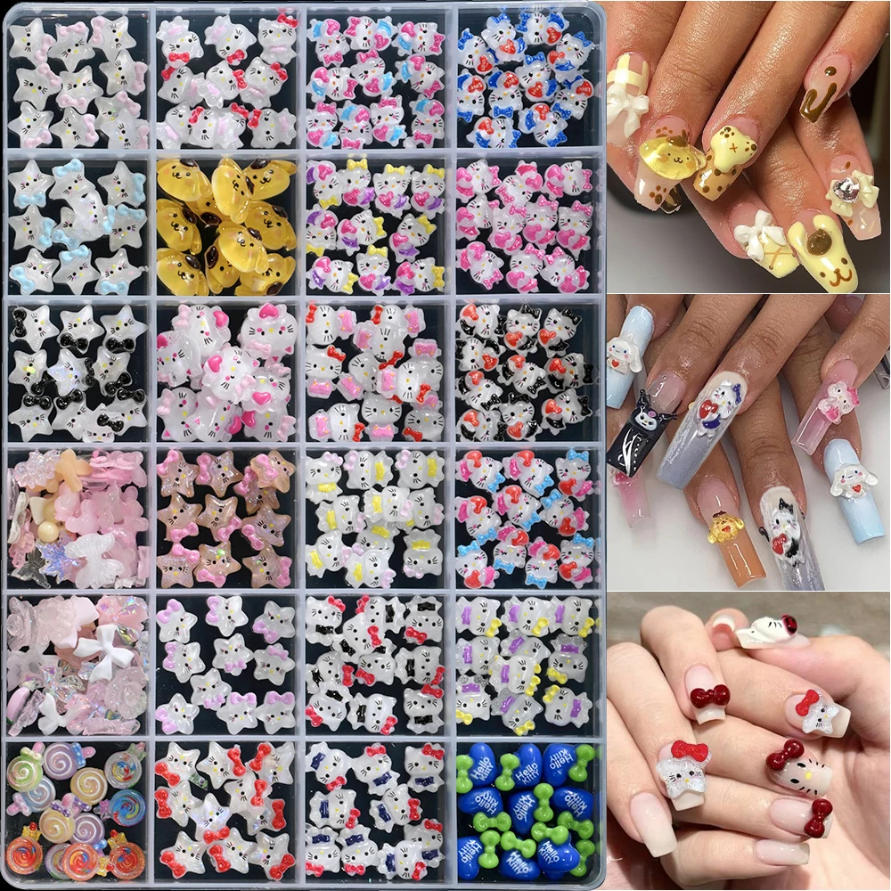 

24Grids/Box 3D Mixed HelloKitty Bow Lollipop Nail Charms Y2K Resin Kawaii KTCat Nail Art Decor DIY Cartoon Star Kitty Nail Parts
