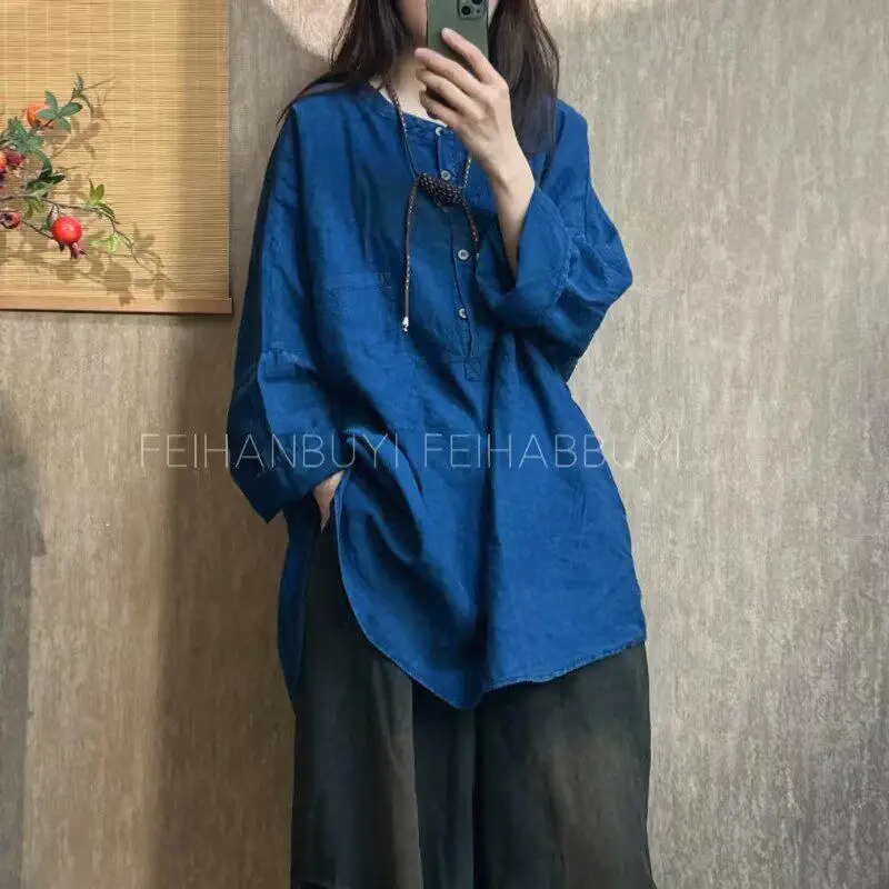 

2026 New Spring Summer Arts Style Women Vintage O-neck Loose Mid-length Blouses Female Tops High Quality Cotton Linen Shirt F89