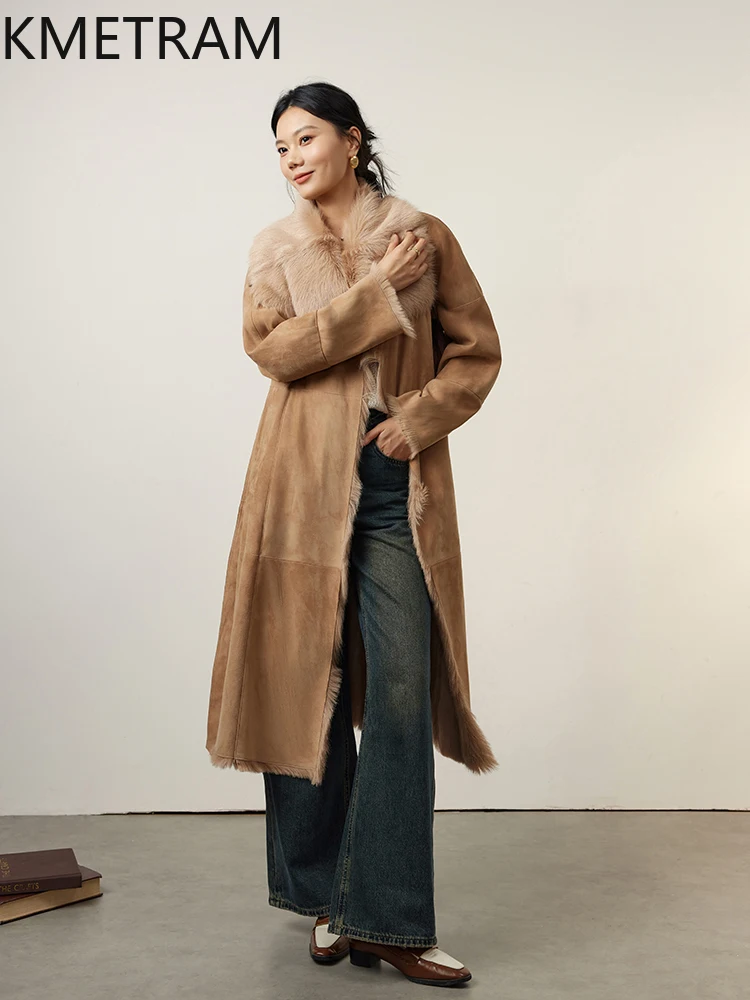 Kurtka damska z naturalnej wełny owczej z Toskanii, dwustronna, futro khaki, długi płaszcz z prawdziwego futra, odzież zimowa damska, fourrure 2025