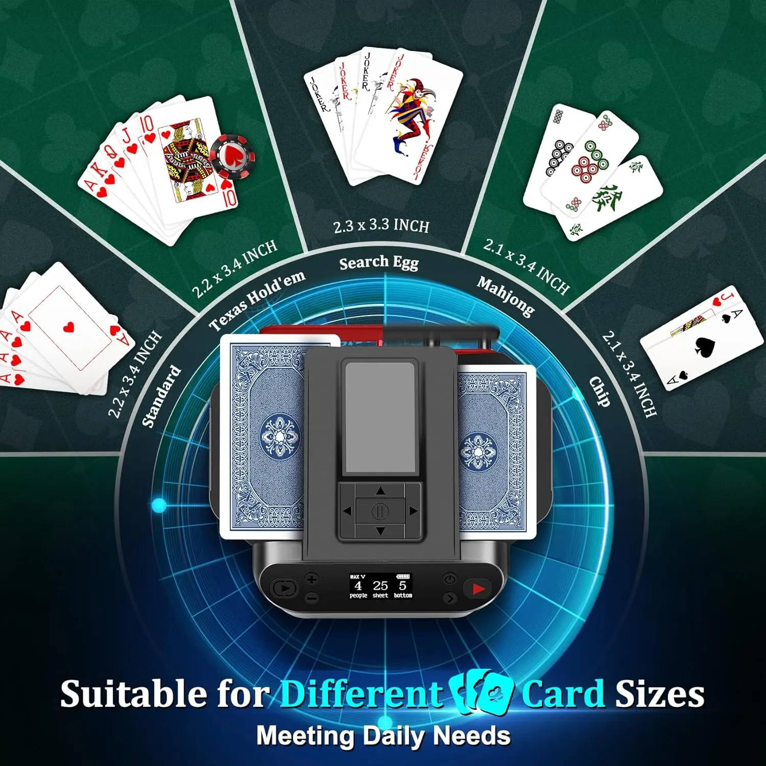 Card Shuffler and Dealer 2-in-1, rivenditore di carte a 2 mazzi con telecomando Wireless rotante a 360 °, Ultra silenzioso, ricaricabile, funziona con UNO,