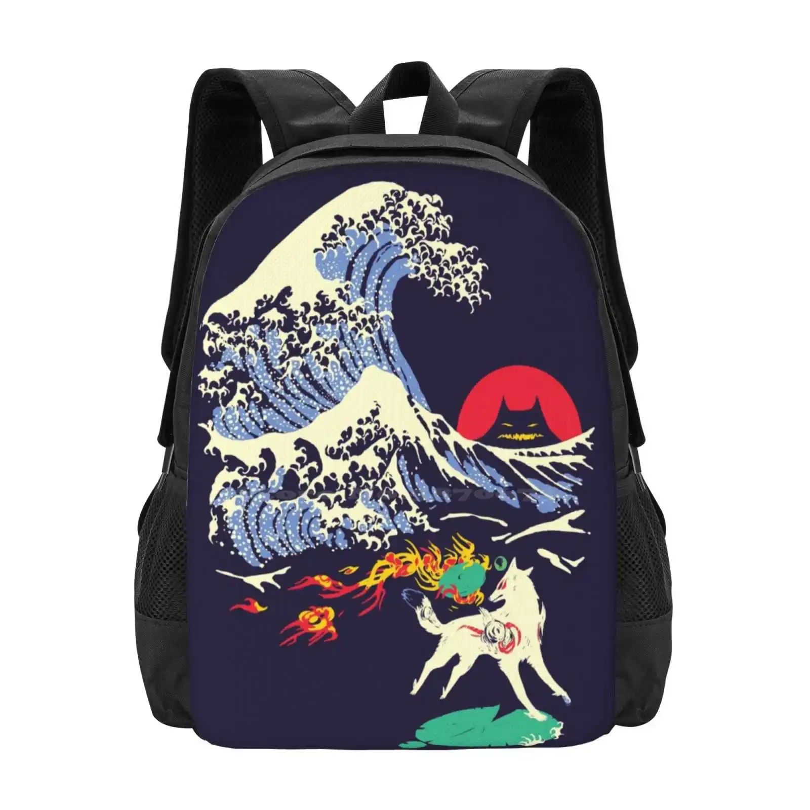 

The Great Wave Off Oni Island Pattern Design Bagpack School Bags Okami Amaterasu Issun Wolf Great Sea Wave Hokusai Video Game