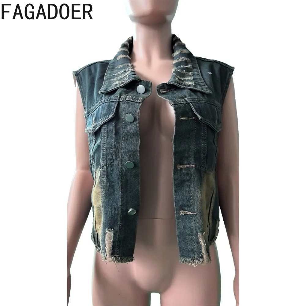 FAGADOER jaket rompi Denim dicuci tertekan Retro mantel tanpa lengan kancing Turndown wanita kargo pakaian jalanan koboi wanita