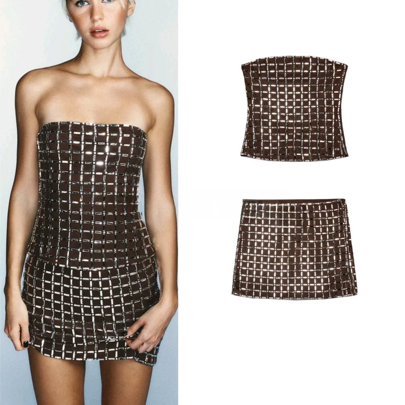 

iny Sequin Me Tube Top And Low Waist Skirt Set Women's Faion Winter Outfit ort Svel Design Commute Sle