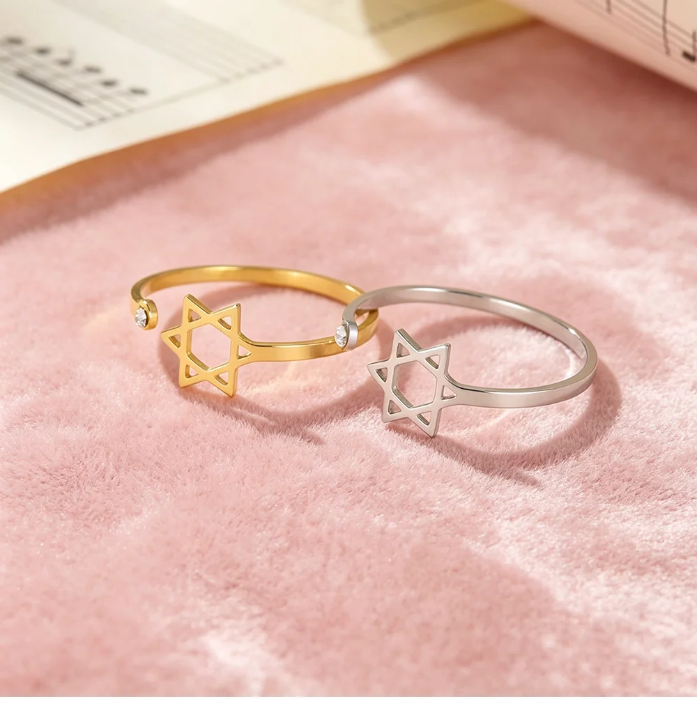 CoolTime Minimalistischer Davidstern Offener Ring Goldfarben Hexagramm Zirkon Amulett Schutz Tägliches Tragen Kreuzschmuck für Frauen Geschenk – Detail 7