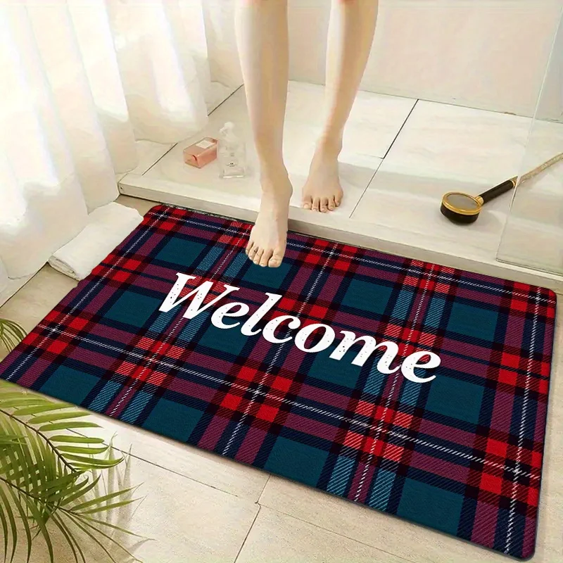 1pc British Style Scottish Plaid Welcome Doormat - Super Soft Imitation Flannel, Absorbent  Polyester, Machine Washable Non