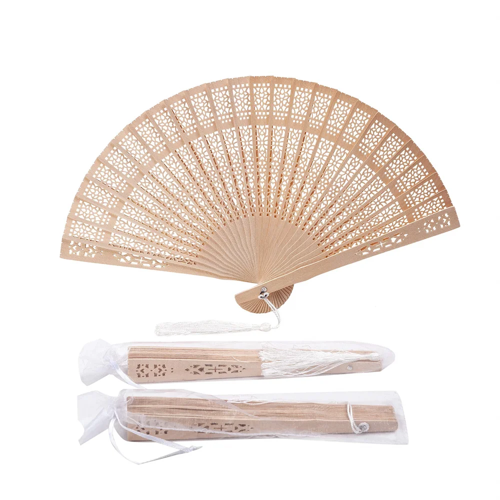 

Folding Hand Fans Fashionable Engraved Women Elegant Wood Gifts Fan With Bags Tassels Wedding Mariage Festival Party Dance Props