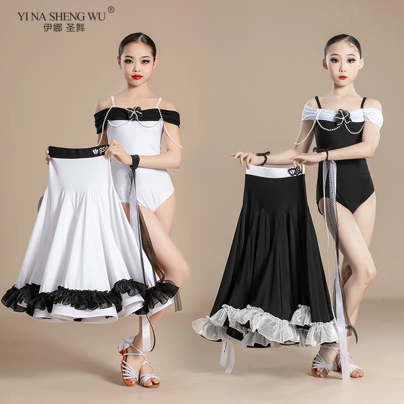 خارج الكتف قاعة الرقص المنافسة فستان الفتيات التانغو الفالس المهنية ملابس رقص الأطفال الزي القياسي