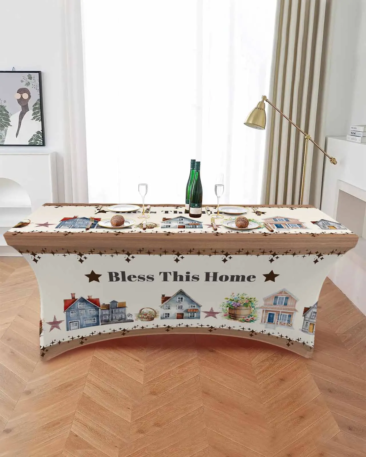 Watercolor House Stars Wood Grain Rectangular Elastic Table Skirt Wedding Hotel Table Cover Holiday Dining Table Tablecloth