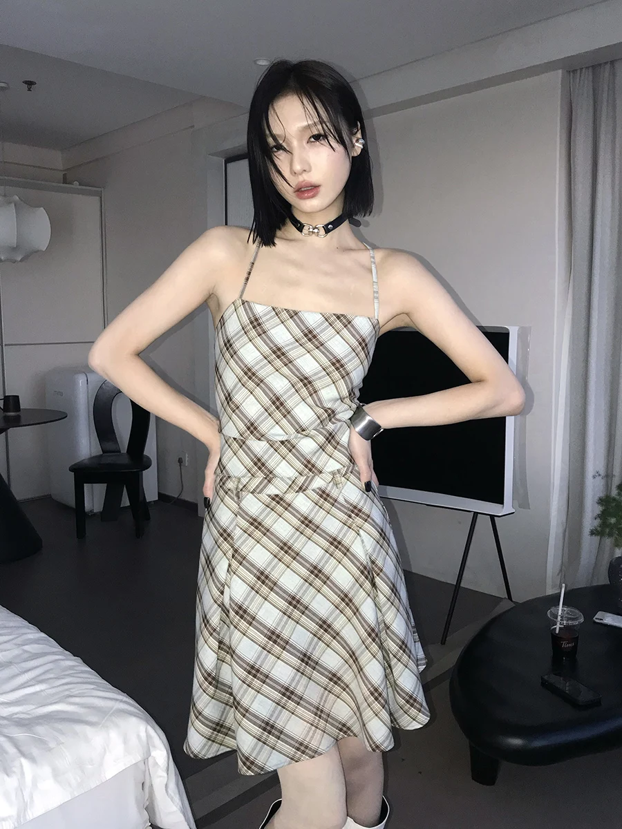 

Романтический ретро-комплект в клетку: женский летний топ на бретельках и юбка, комплект из двух предметов, полиэстер, модный