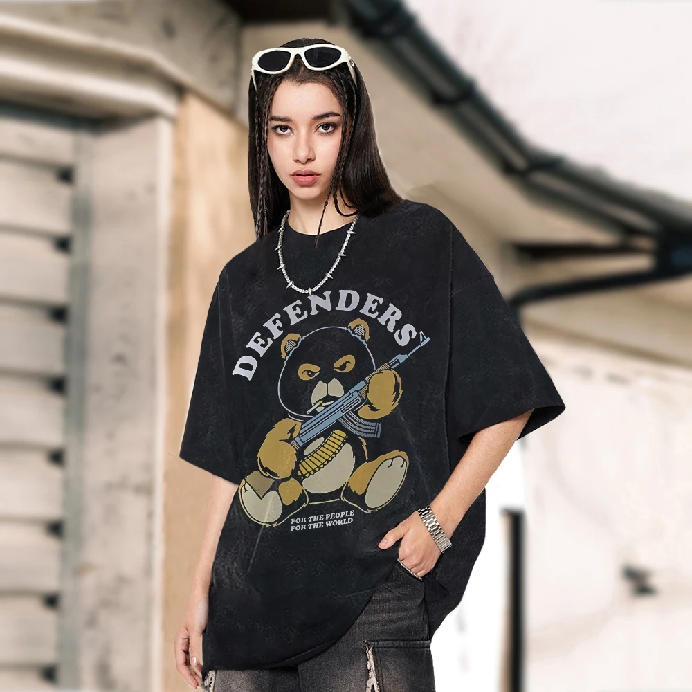 Y2K Graphic Tee Defending Pandas Tops Overseas Export Unisex Fit Clothes High Street Streetwear Summer High Quality T-Shirts