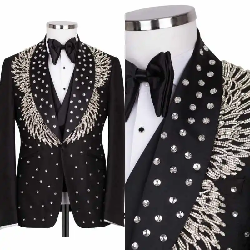 Brilliant Jewelry Stones Men Tuxedos 3 Piece Beaded Shawl Lapel Prom Blazers Customized Single Breasted Groom Wedding Wear