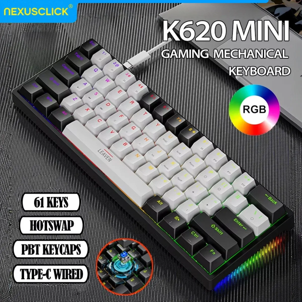NexusClick K620 61 Keys Hot Swappable Mechanical Keyboard, Type-C Wired RGB Gaming Keyboard,PBT Double Shot Keycaps for Esports