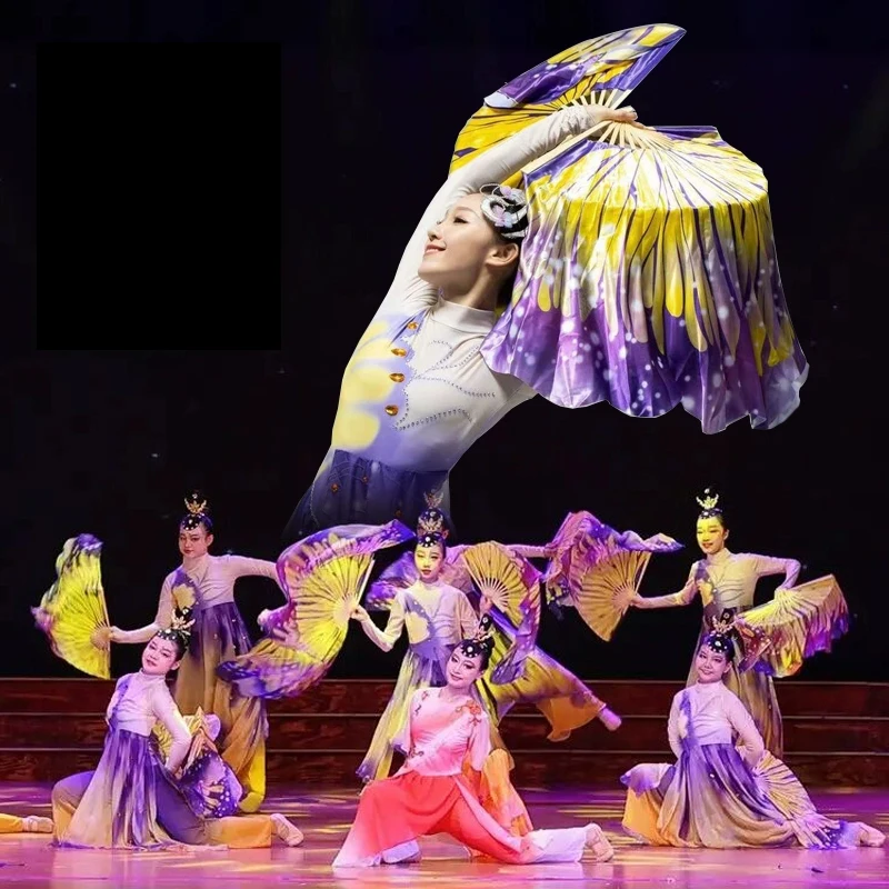 2Pcs Classical Dance Fan Silk Double-Side Extended Veil Folk Chinese Dance Hand Fan Butterfly Color Yangko Dance Performance Fan