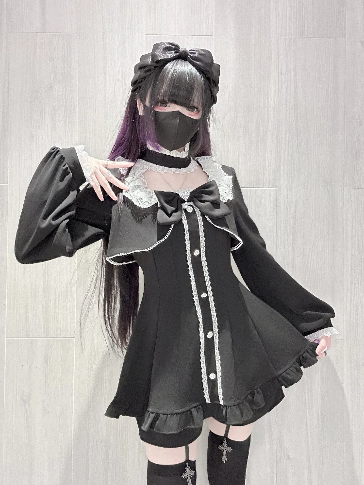 Japanese Style Mass-Produced Lace Square Collar Long Sleeve Ruffles Short Dress Top High Waist Shorts Two-Piece Set for Women