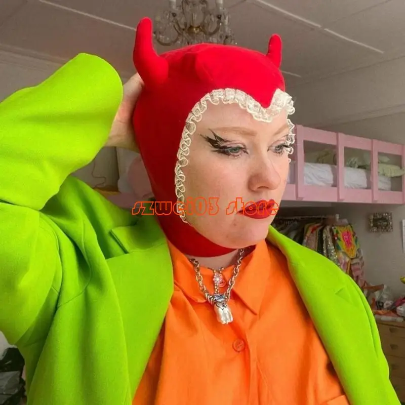 D46C أرنب قبعة آذان طويلة صور الدعائم السنة الجديدة الدانتيل هالوين قبعة الكبار الاطفال القرن آذان أرنب Y2K هالوين قبعة الجمجمة #4