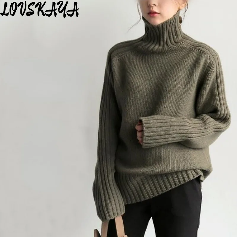 

Lazy temperament simple and thickened pit stripe bottom knit sweater high neck sweater women winter retro loose fitting sweater