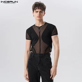2024 erkekler Bodysuits Mesh Patchwork şeffaf Backless o-boyun kısa kollu tulum T Shirt Streetwear seksi erkekler Bodysuit INCERUN