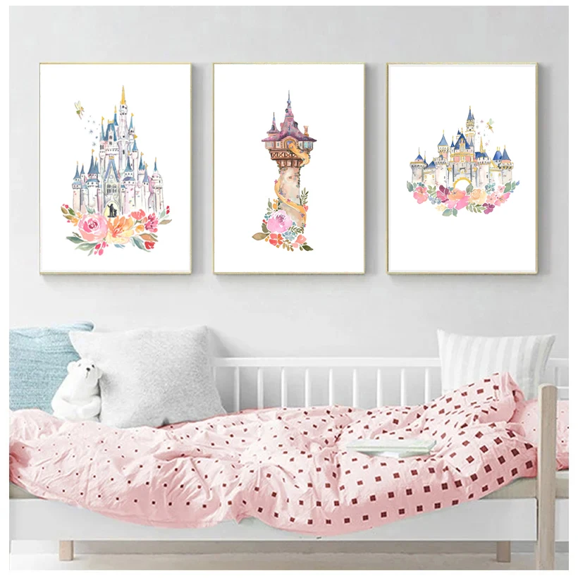 3pcs/setFantasy Princess Castle And Flower Wall Art Picture Canvas Print Picture Girl Room Decoration Gift Cartoon Art Poster