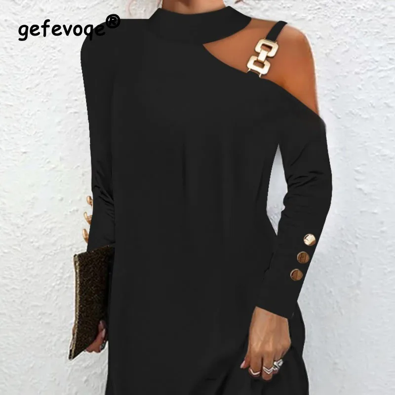 เดรสผู้หญิงมีกระดุมห้อยคอ, ใหม่ฤดูใบไม้ร่วง2023ชุดเดรสเซ็กซี่ใส่สบายแฟชั่นเรียบง่ายหรูหราพร้อมกระดุมโลหะ