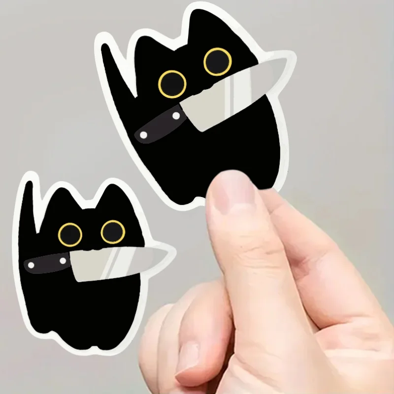 Halloween stickers showcase a black cat holding a knife that can be used on laptops, luggage, and skateboards