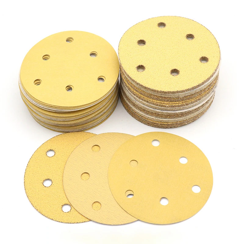 5pcs 5" 125mm Yellow Flocked Sandpaper Disc With 6-holes Grit 60-800# Hook&Loop Abrasive Grinding Polishing Pad for Dremel Tools