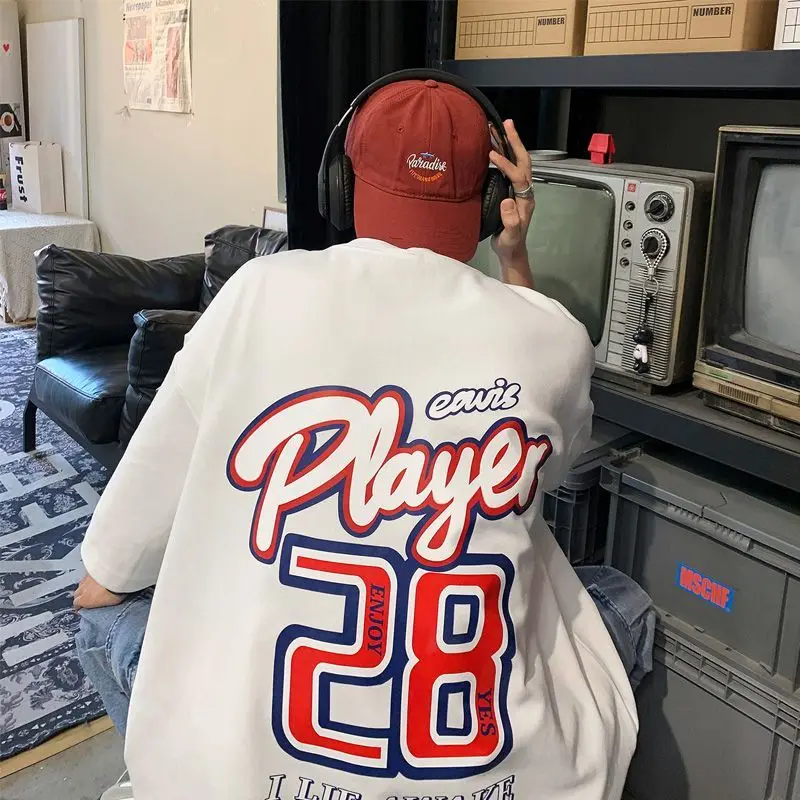 

Korean pure cotton short-sleeved T-shirt men summer American retro T-shirt vintage new high street ice hockey uniform niche top