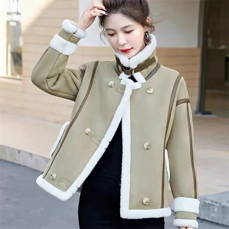 

Double-sided Leather Fur Coat Women Suede Lambs Fluff Jackets Winter Short Coats Thicken Warm Motorcycle Jackets Lady Loose Tops