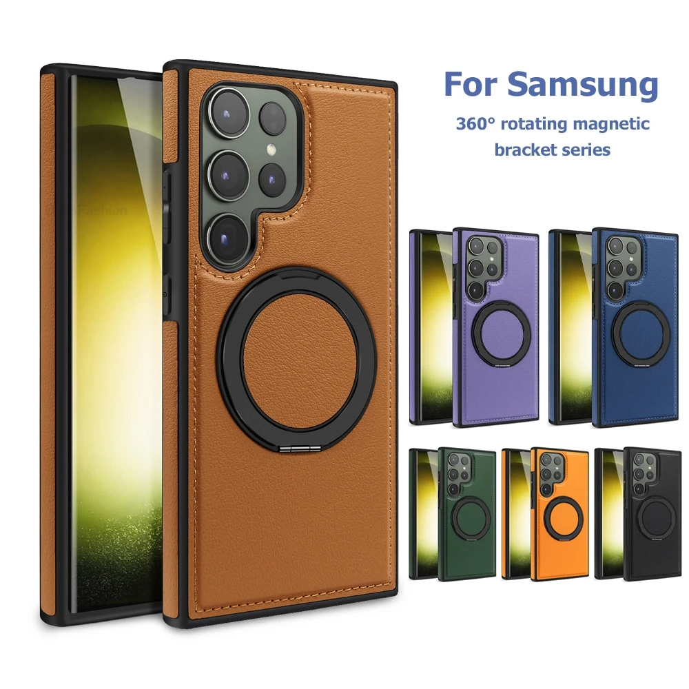360° Rotating Bracket Leather Case For Samsung Galaxy S25 S26 S24 Ultra S23 S22 Plus Magnetic Wireless Charge Ring Stand Cover