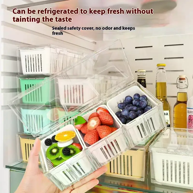 3 Grids Refrigerator Storage Boxes Garlic Onion Pepper Organizer Fruit Vegetable Drain Crisper Box Kitchen Sealed Containers