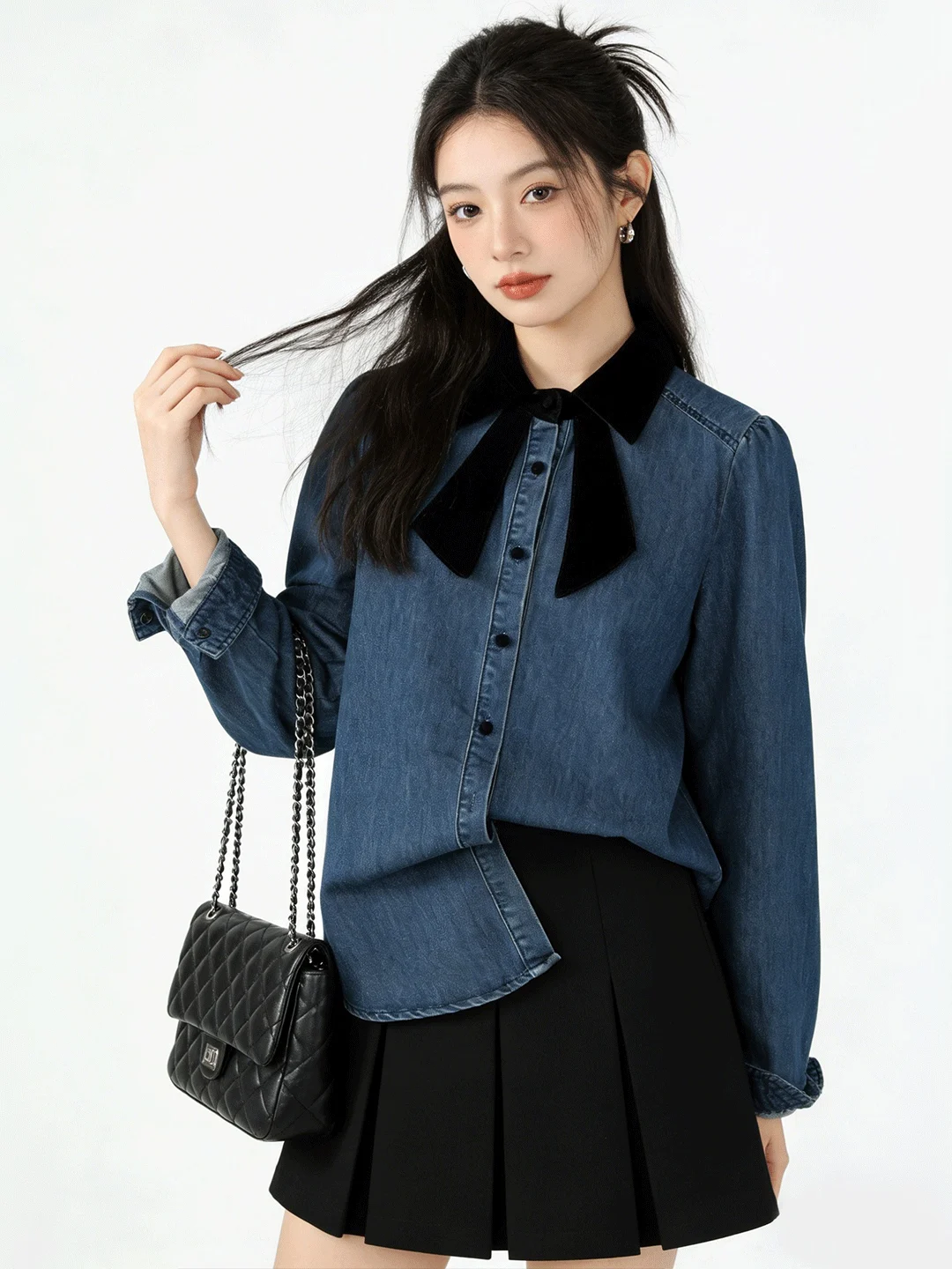 

Loose Fit Korean Sle Women's irt Deep Blue Denim Bow Tie Design Casual Versatile Slimming Top for Early Spring