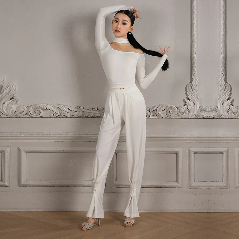 New Latin Dance Clothes Women Long Sleeves White Tops Pants Ballroom Dance Practice Clothing Rumba Cha Cha Dance Wear BL14554