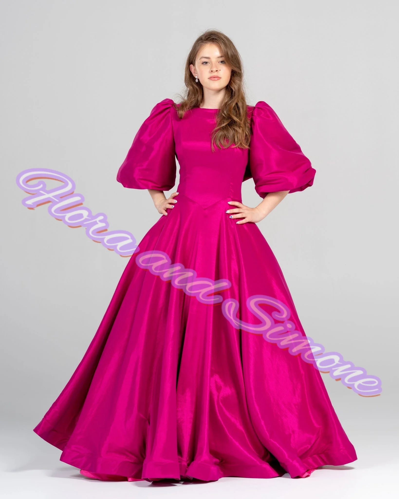 

Girl gowns Pink bow Fluffy Elegant Half sleeves Flower Girl Dress for Wedding Ceremonies Formal Receptions Parties Customized