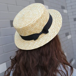 Vintage Straw Hat Women Summer Panama Hat Lady Boater Beach Hat Wide Side Female Classic Flat Bowknot Straw Sun Hat Women Hat