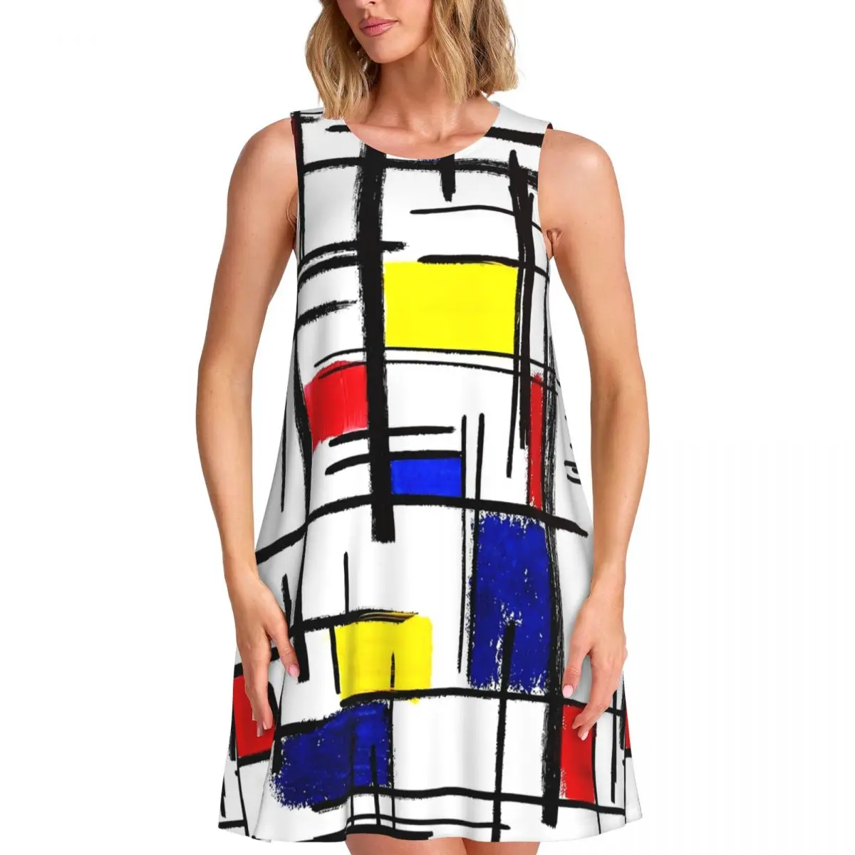 Colorblock Tank Dress De Stijl Modern Art Boho Beach Dresses Lady Summer Street Fashion Pattern Oversize Tank Dress